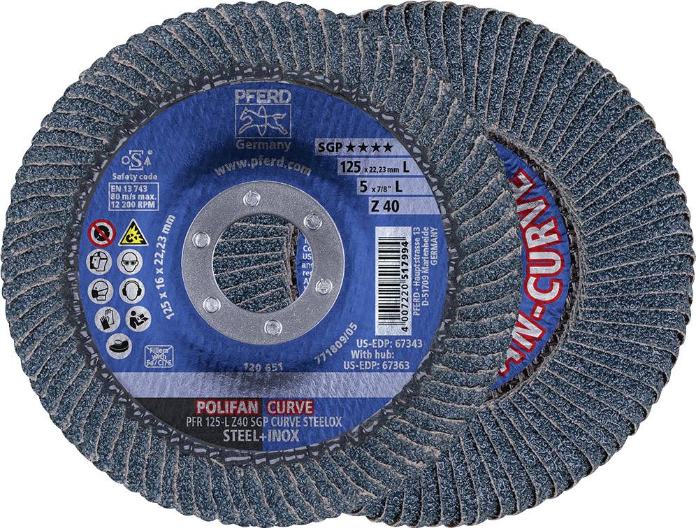 5" x 5/8-11 Thd. POLIFAN® Flap Disc - Z SGP CURVE STEELOX, Zirconia, 40 Grit, Large Radius (5pc) - Image 2